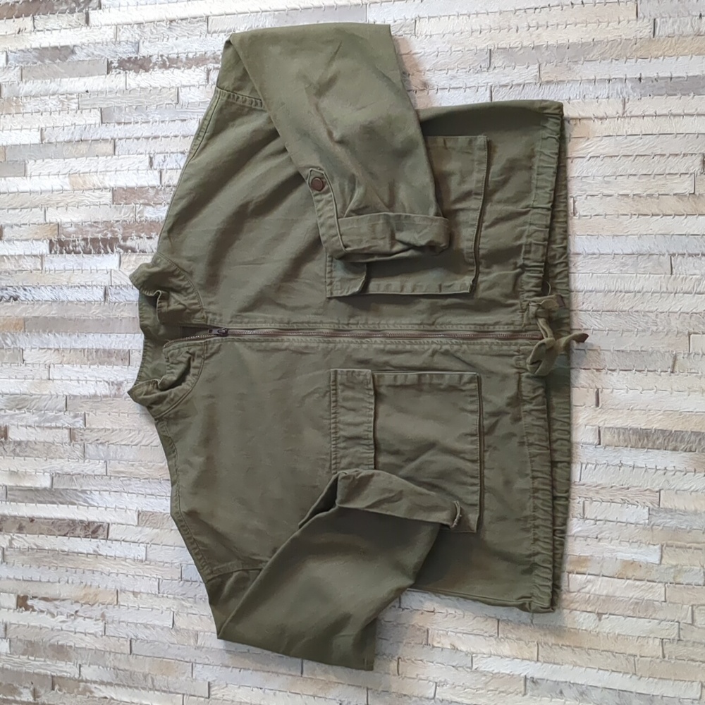 Military‎ Style Cropped 1/4 Sleeve 100% Cotton Full-Zip Green Jacket